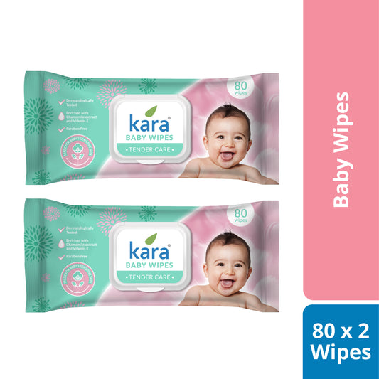 Kara Baby Gentle Cleansing Wipes, Chamomile Extract - Pack of 2 X 80 Wipes