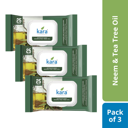 Kara Refreshing Wipes, Neem and Tea Tree Oil - Pack of 3 X 25 Wipes