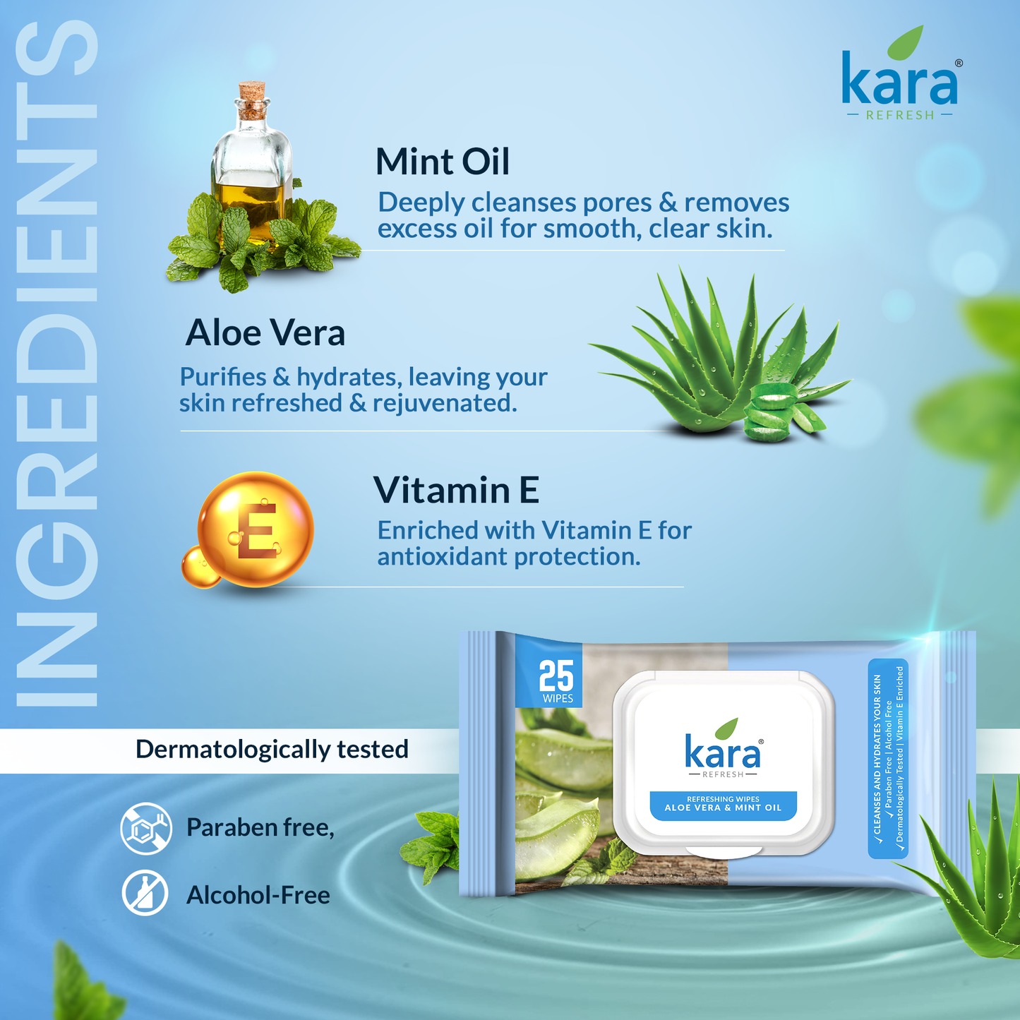 Kara Refreshing wipes, Aloe Vera & Mint Oil - Pack of 3 X 25 Wipes