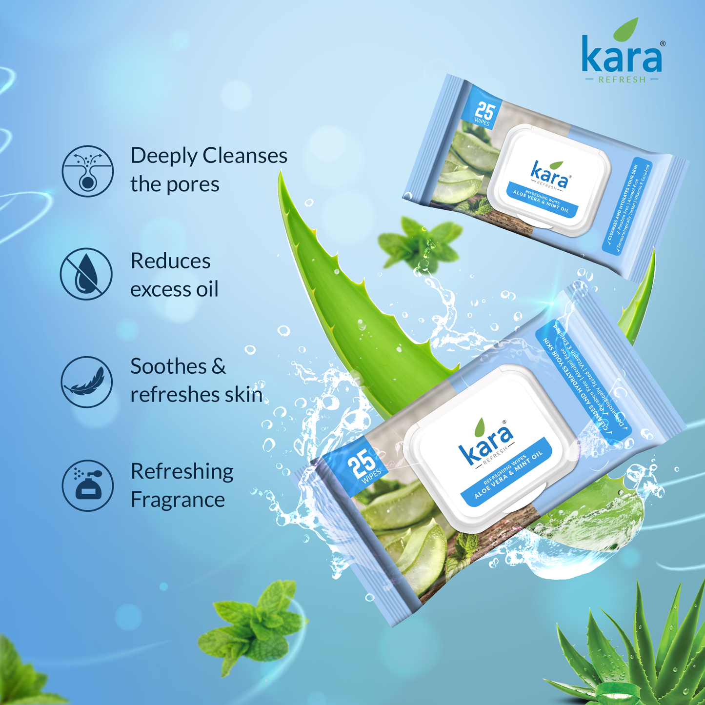 Kara Refreshing wipes, Aloe Vera & Mint Oil - Pack of 3 X 25 Wipes