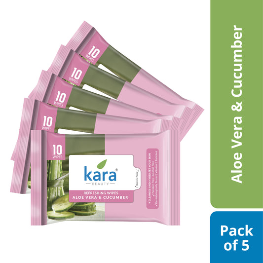 Kara Refreshing wipes, Aloe Vera & Cucumber - Pack of 5 X 10 Wipes