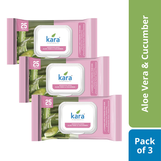 Kara Refreshing Wipes, Aloe Vera & Cucumber - Pack of 3 X 25 Wipes