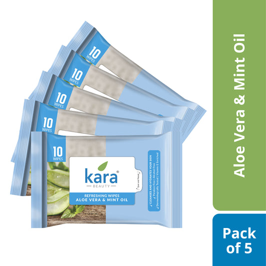 Kara Refreshing Wipes, Aloe Vera & Mint Oil - Pack of 5 X10 Wipes