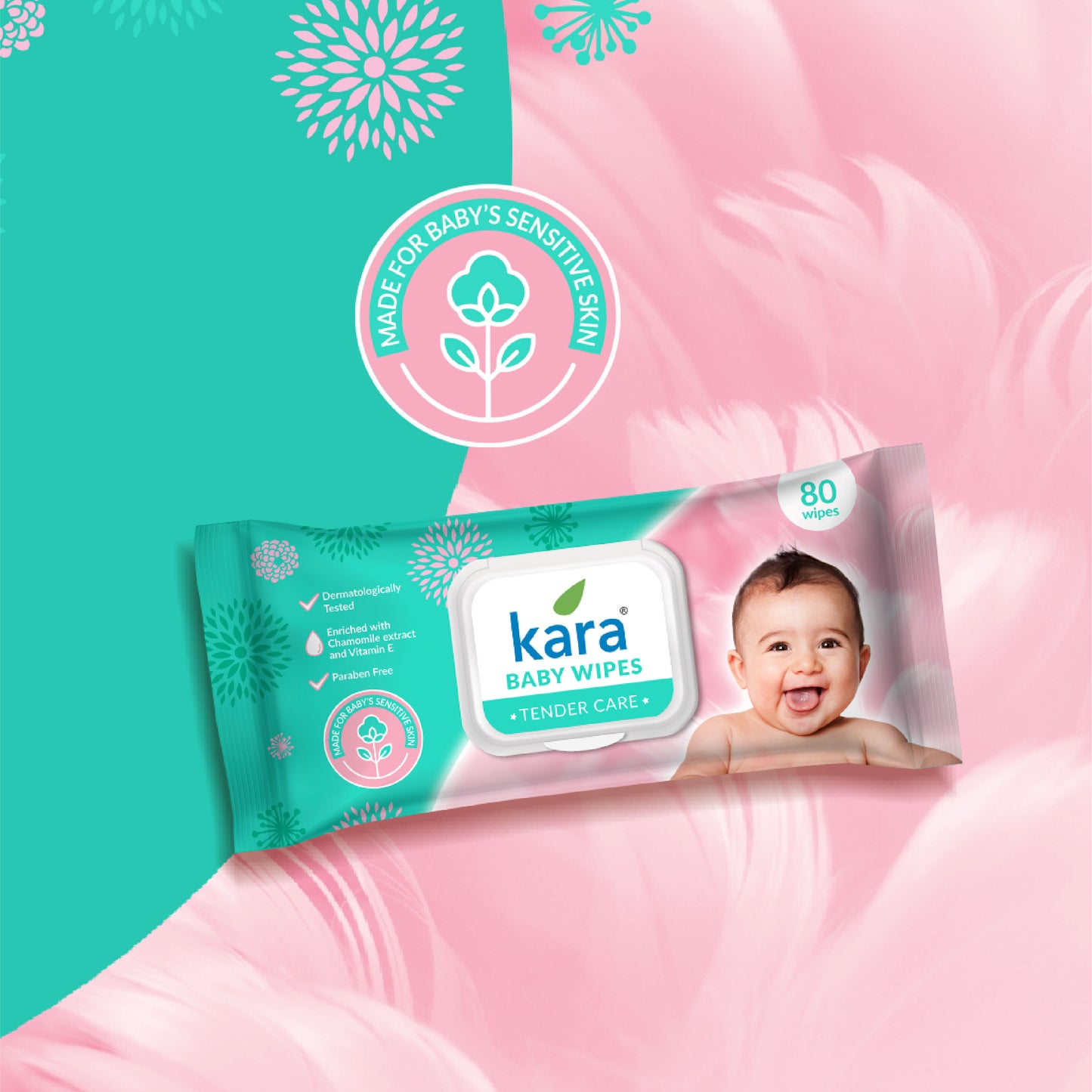 Kara Baby Gentle Cleansing Wipes, Chamomile Extract - Pack of 2 X 80 Wipes