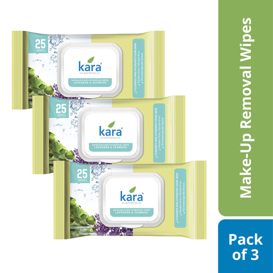 Kara Makeup Remover Wipes, Lavender and Seaweed - Pack of 3 X 25 wipes