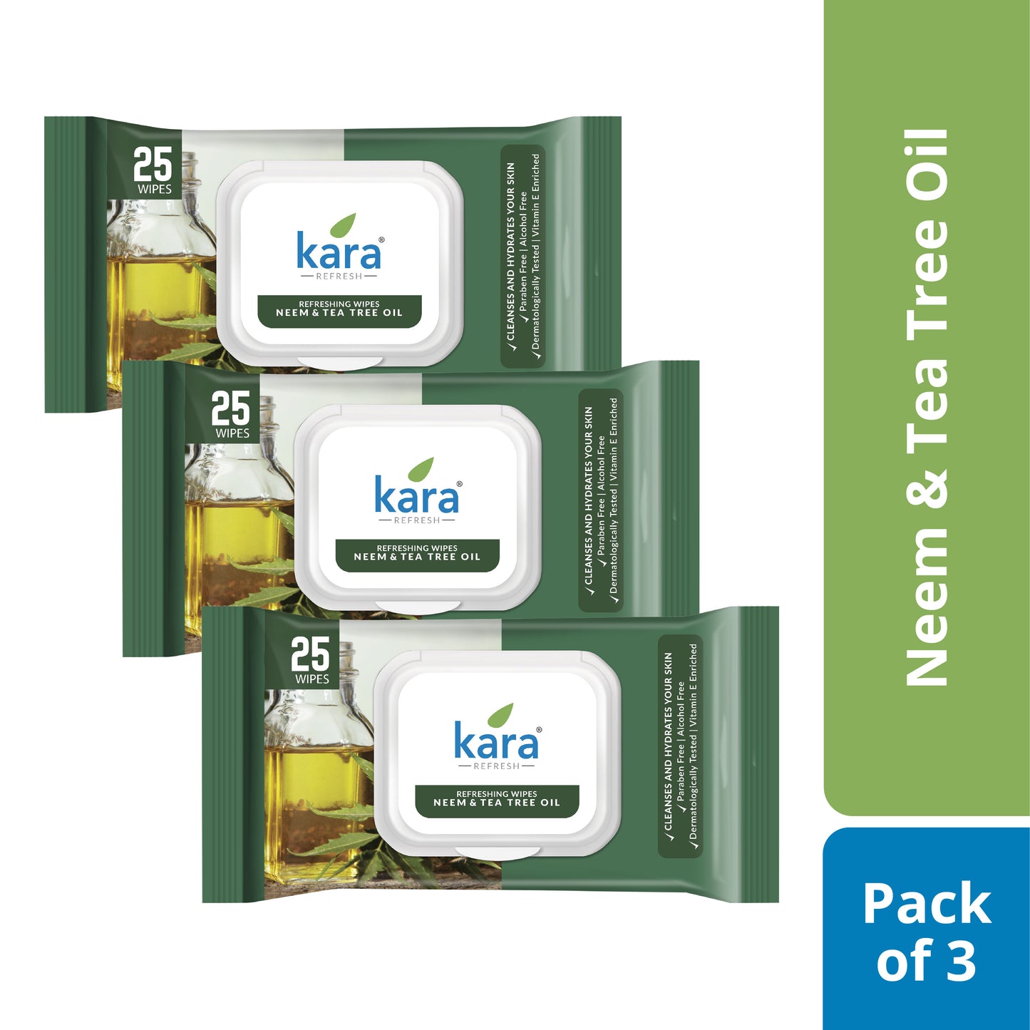 Kara Refreshing Wipes, Neem and Tea Tree Oil - Pack of 3 X 25 Wipes