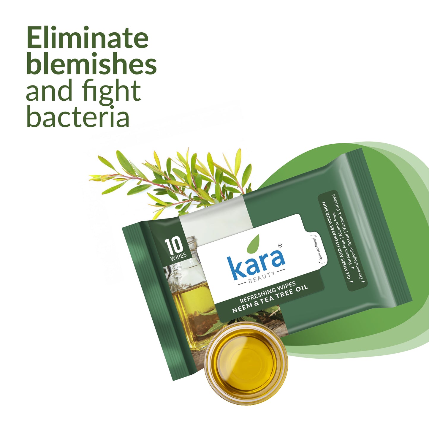 Kara Refreshing Wipes, Neem and Tea Tree Oil - Pack of 5 X 10 Wipes