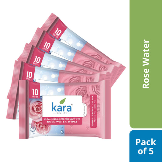 Kara Refreshing Wipes, Rose Water - Pack of 5 x 10 Wipes