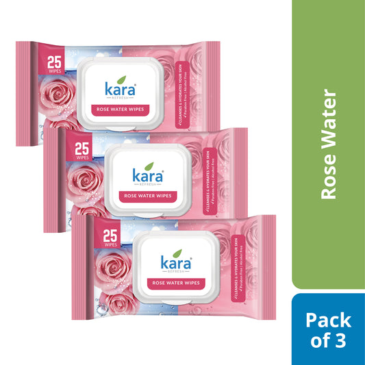 Kara Refreshing Wipes, Rose Water - Pack of 3 x 25 Wipes